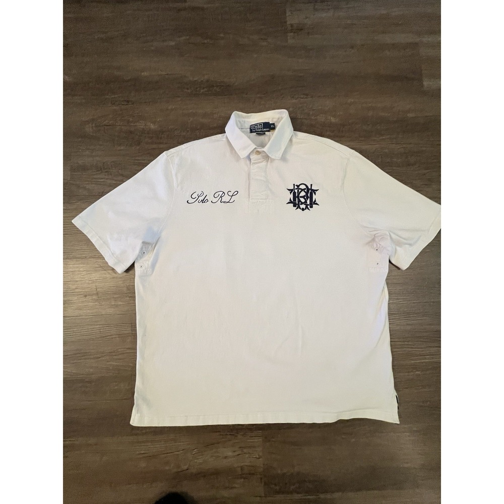 Rare Vintage POLO RALPH LAUREN Spell Out Scribble Polo Shirt 90s White XL B29